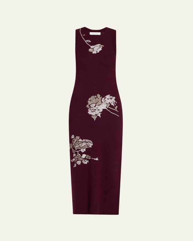 Floral Embroidered Sleeveless Rib Midi Dress